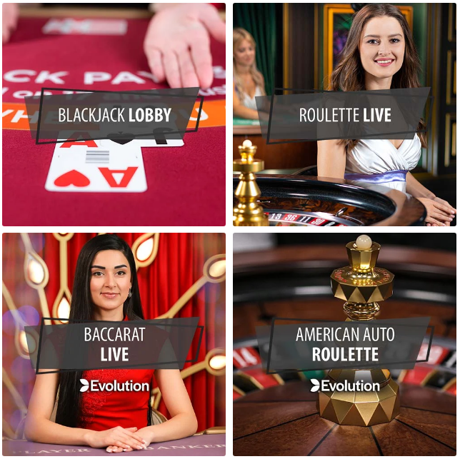 A grid comprised of screenshots illustrating a variety of live dealer casino games from Evolution Gaming that are available at Michigan Casinos right now. Transport to the casino floor with live baccarat, blackjack, roulette, & more!